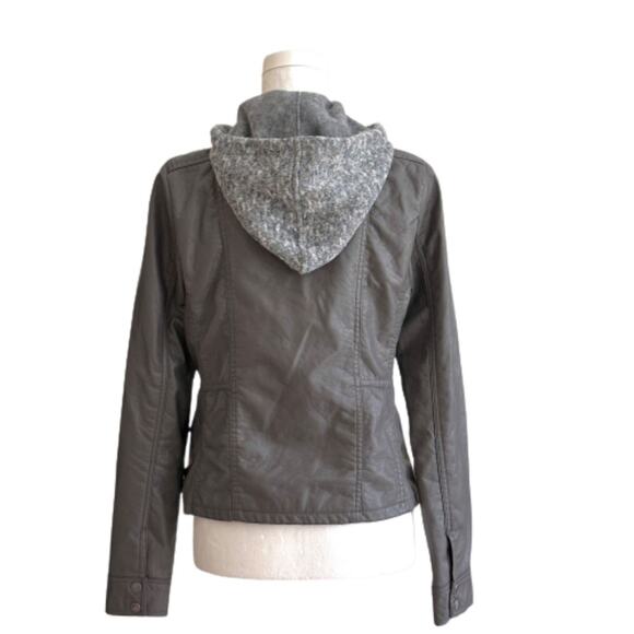 Jou Jou Gray Faux Leather Detachable Hood Fitted Pockets Moto Jacket Coat Medium - Picture 9 of 14